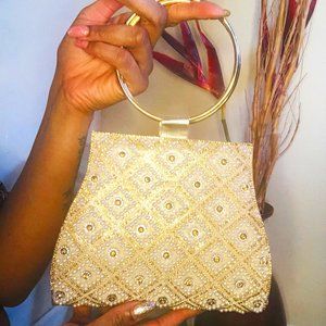 Rhinestone & Faux Pearl Decor Top Ring Handle Clutch Bag